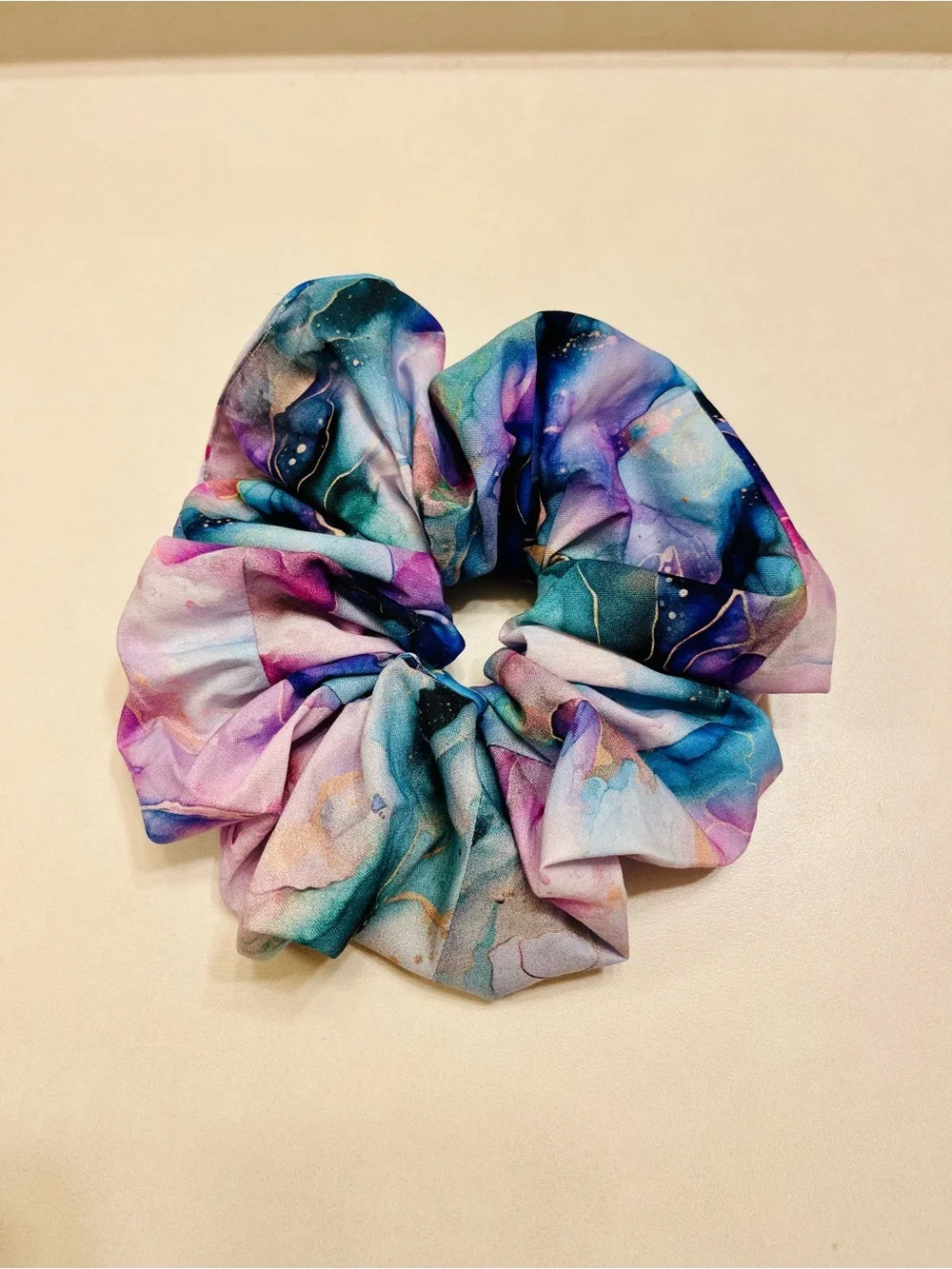Handmade Watercolor Teal Purple Metallic Gold Floral Scrunchies